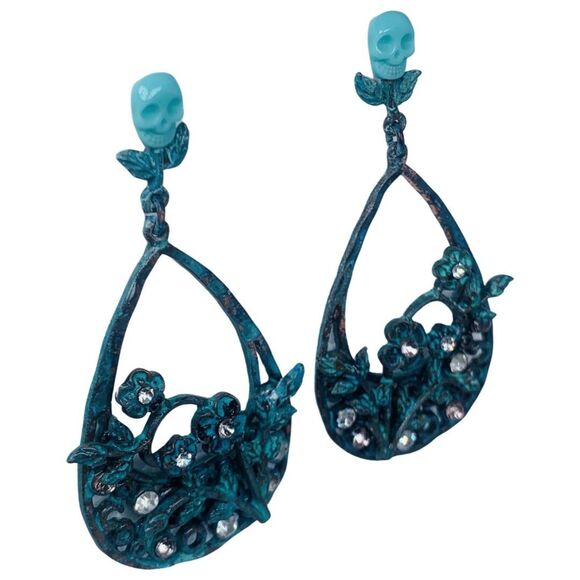 Betsey Johnson TEAL PATINA Skull Large Hoop Earrings 2" Crystal Statement - Picture 4 of 12
